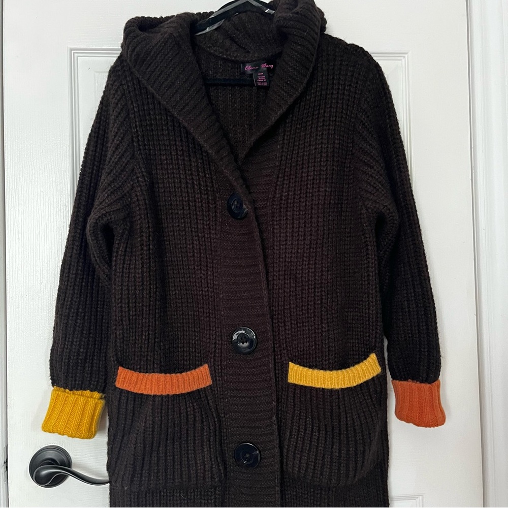 Chunky Brown Cardigan with Colorful Trim